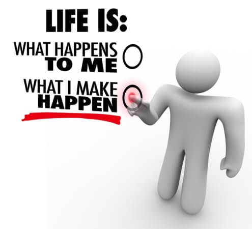 A generic featureless human figure is on the right side of the graphic. On the left side are the wordsLife is what happens to me. There is a circle next to those words. Below that are the words: What I make happen. There is a circle next to those words. The right hand of the featureless figure is pointing to the circle connected with the words “What I make happen”. 