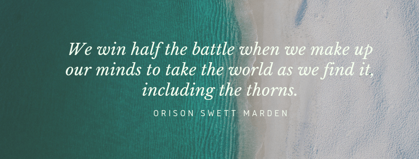 Background appears to be water lapping on a beach. The green/blue water is on the left and the white/grey beach is on the right. The words overlaid on this image state “We win half the battle when we make up our minds to take the world as we find it, including the thorns. Orison Swett Marden