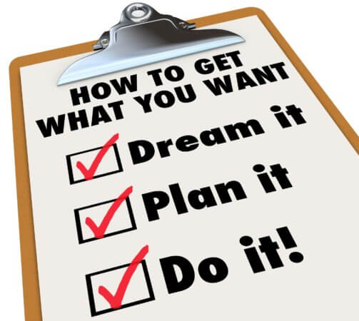  Cliip board with a three-item checklist: How to get what you want is the title. The check mark is at "Dream it" with another check mark at "Plan it" and a check mark at "Do it".